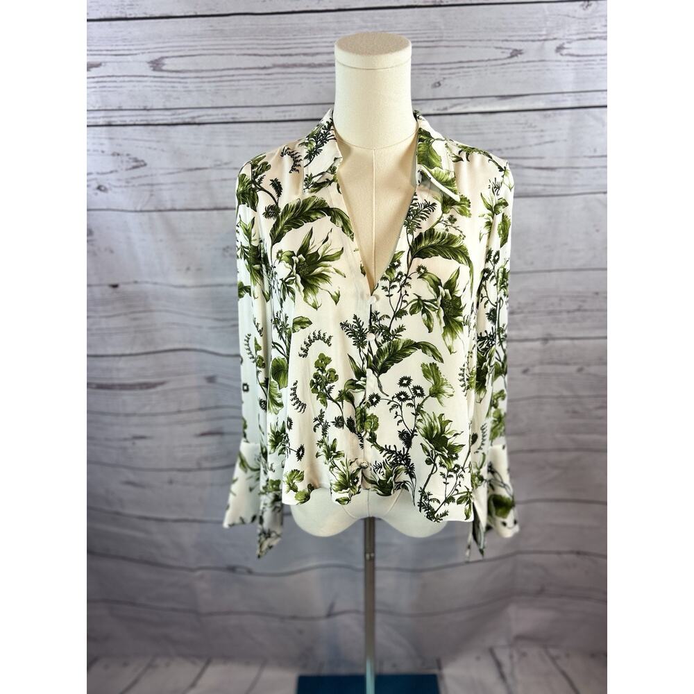 Anthropologie Blouse Womens XS Green Botanical Print Bell Sleeve Viscose